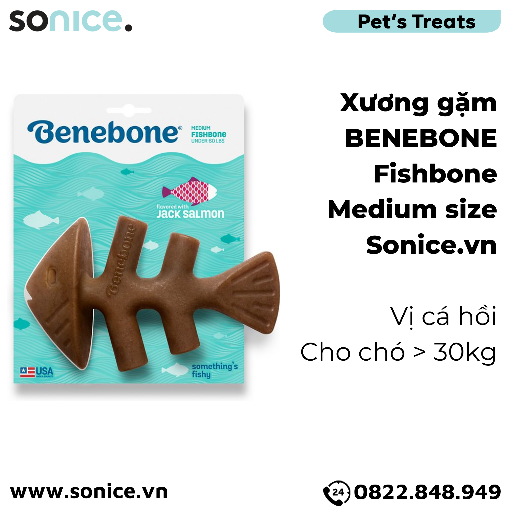  Xương gặm BENEBONE Fishbone Medium Size cho chó >30kg - vị cá hồi SONICE. 