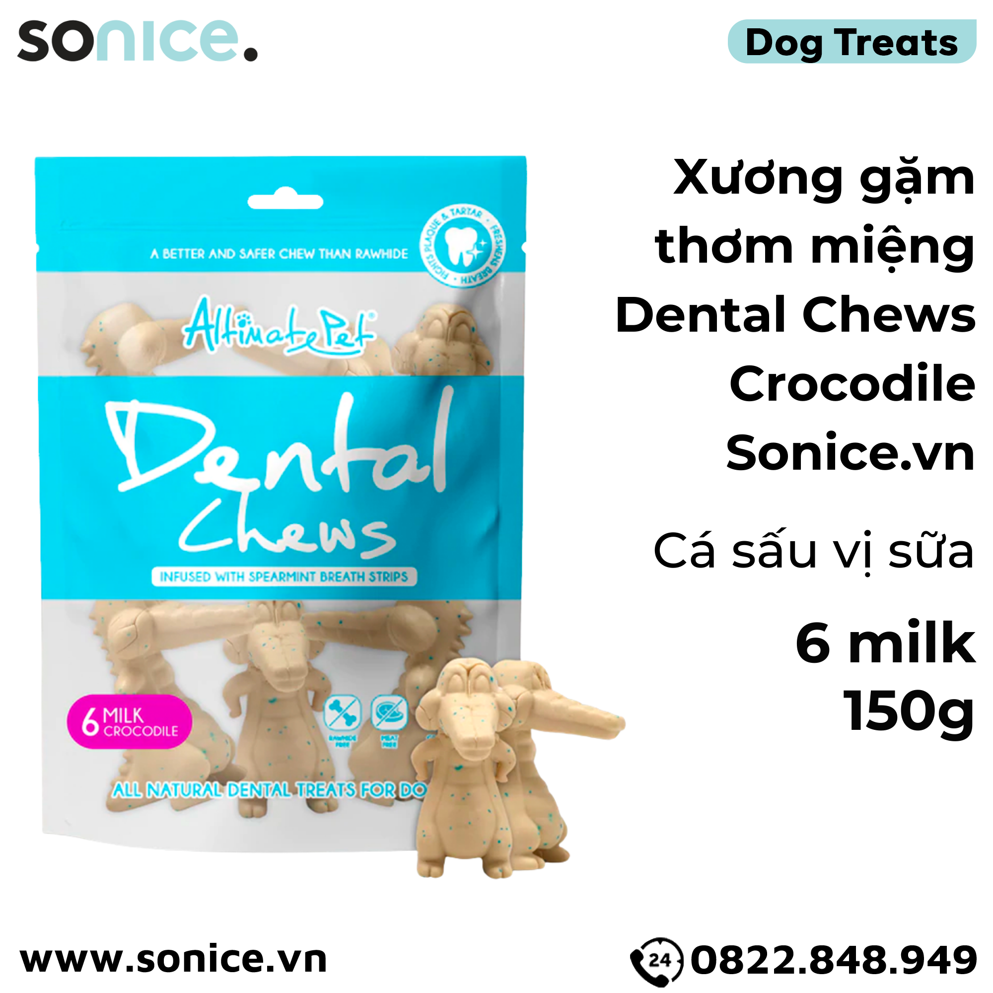  Xương gặm thơm miệng Dental Chews Crocodile 150g - 6 milk - Cá sấu vị sữa SONICE. 