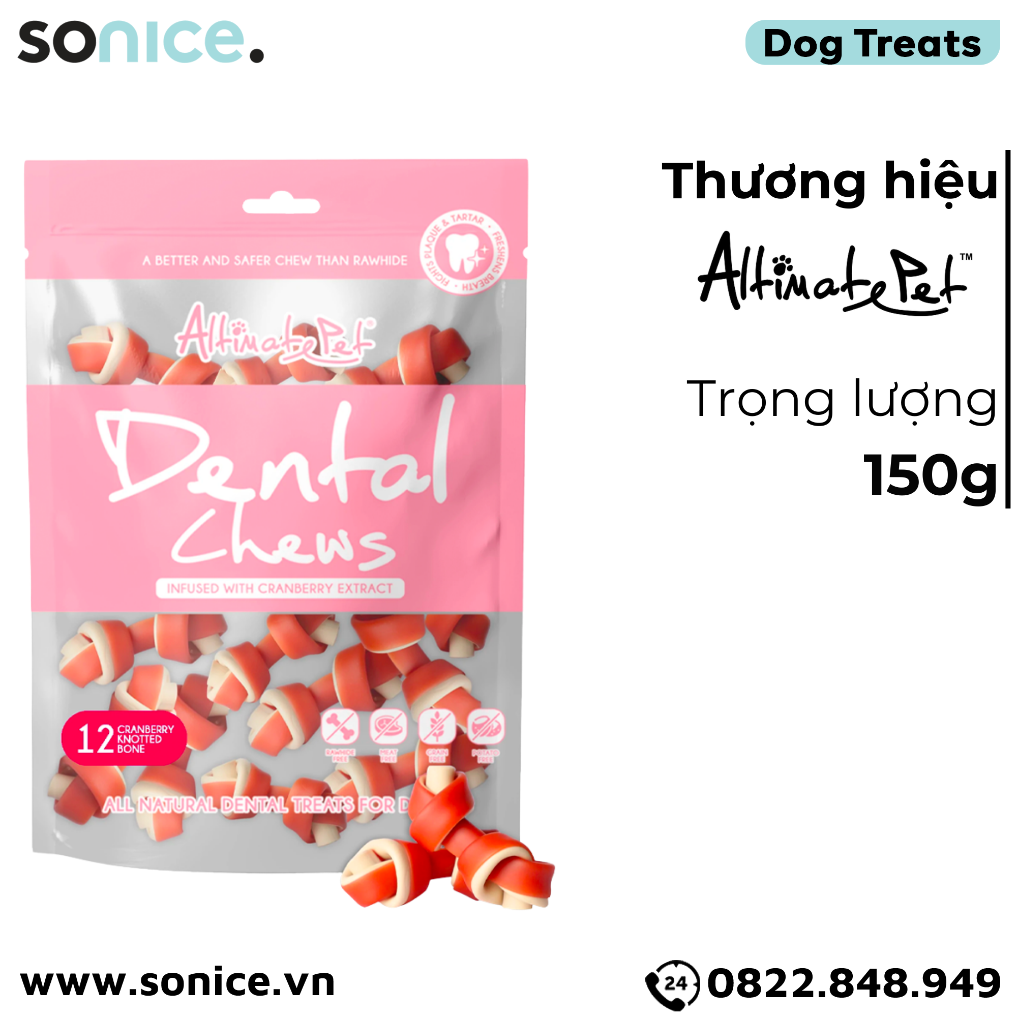  Xương gặm thơm miệng Dental Chews Knotted Bone 150g - 12 cranberry - Khúc xương vị Nam việt quất SONICE. 