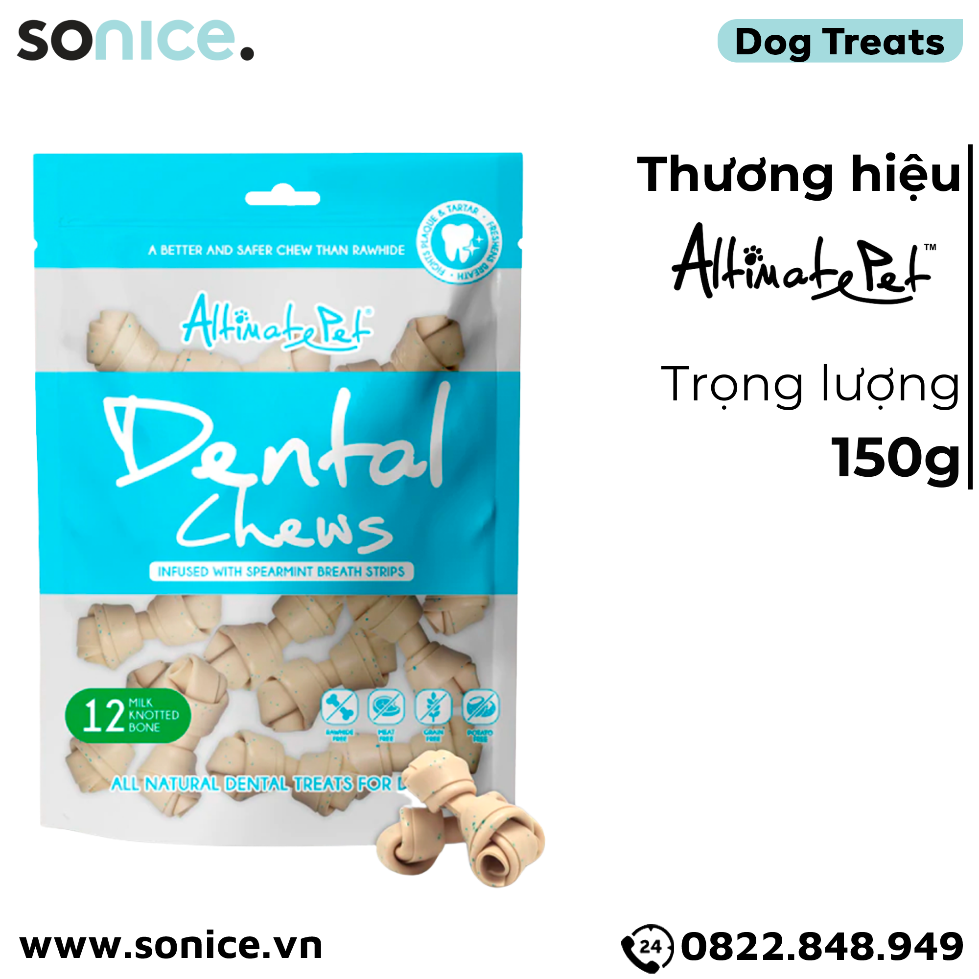  Xương gặm thơm miệng Dental Chews Knotted Bone 150g - 12 milk - Khúc xương vị sữa SONICE. 