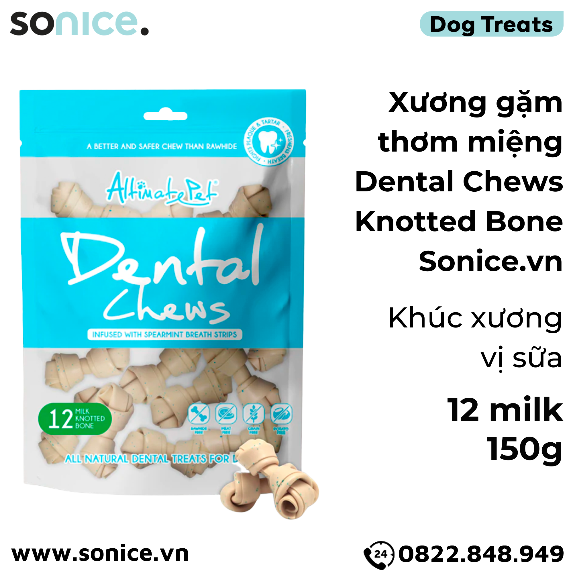  Xương gặm thơm miệng Dental Chews Knotted Bone 150g - 12 milk - Khúc xương vị sữa SONICE. 