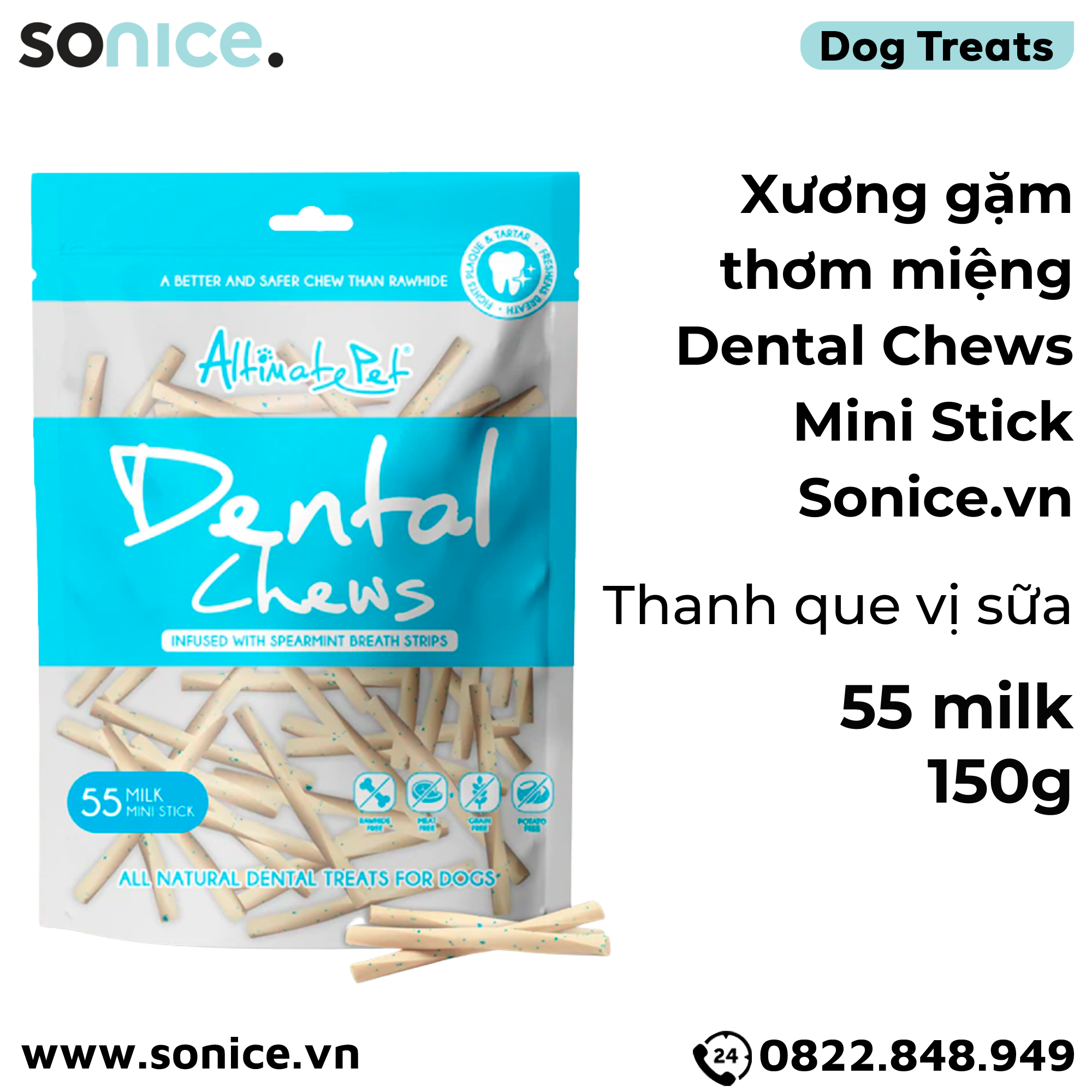  Xương gặm thơm miệng Dental Chews Mini Stick 150g - 55 milk - Thanh que vị sữa SONICE. 