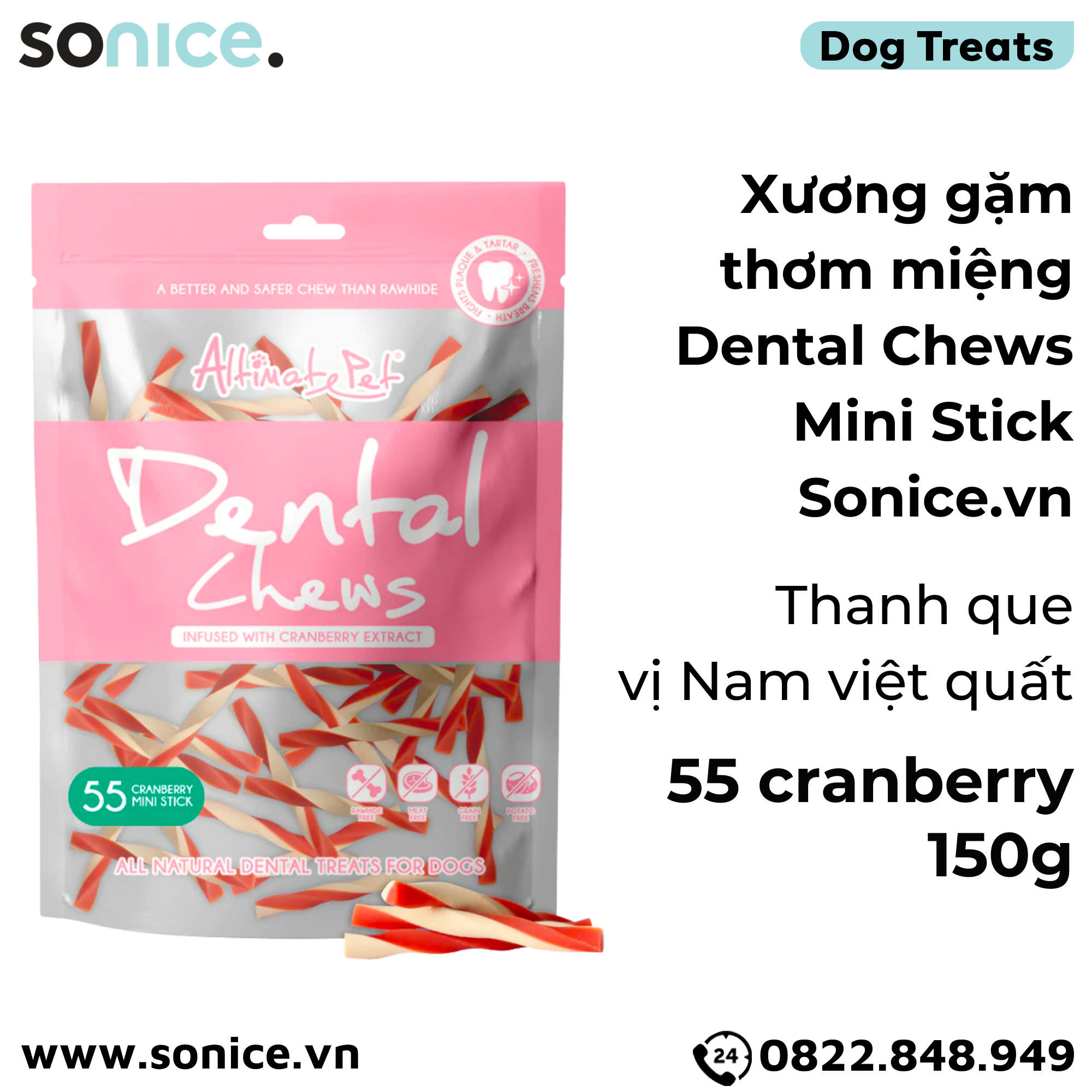  Xương gặm thơm miệng Dental Chews Mini Stick 150g - 55 cranberry - Thanh que vị Nam việt quất SONICE. 