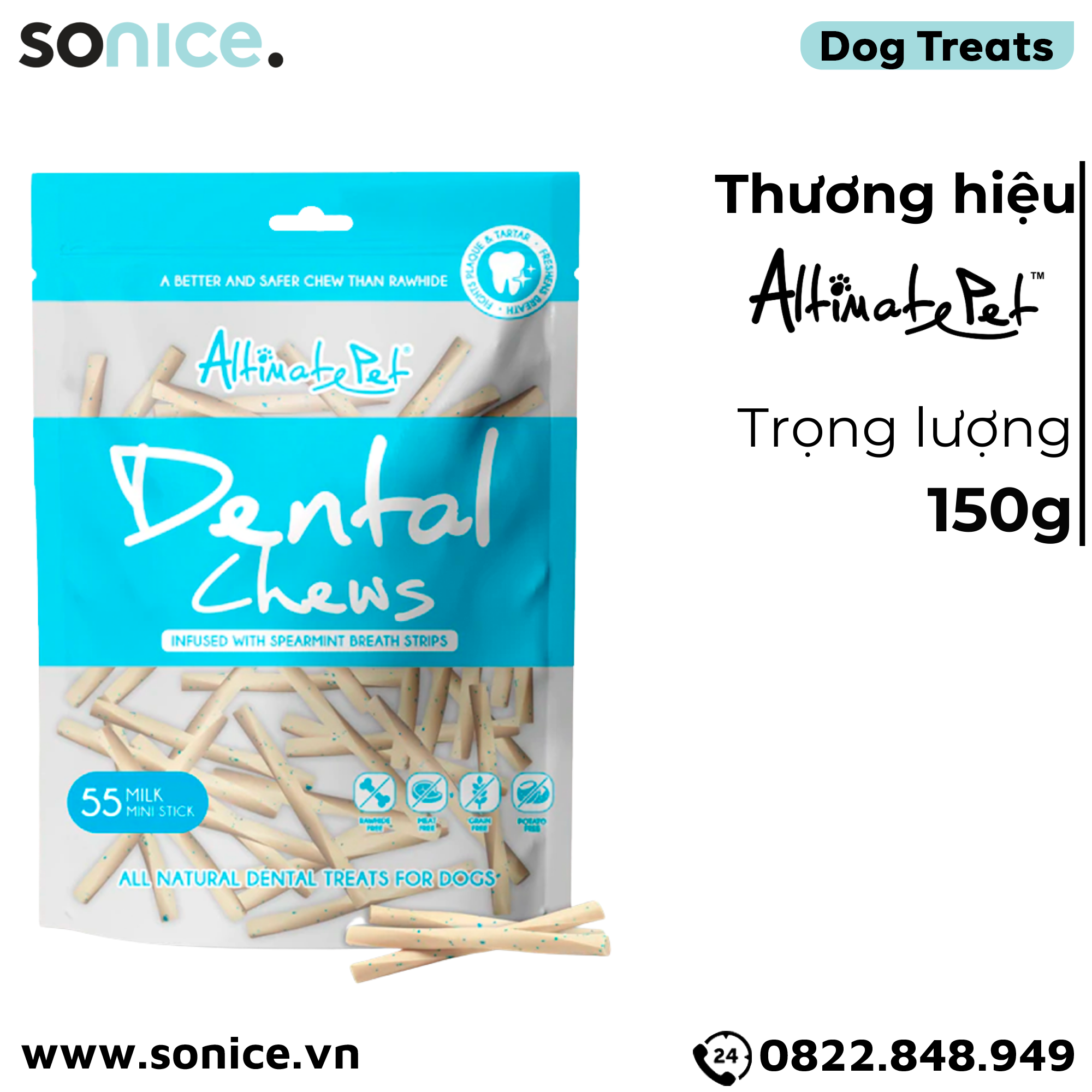  Xương gặm thơm miệng Dental Chews Mini Stick 150g - 55 milk - Thanh que vị sữa SONICE. 