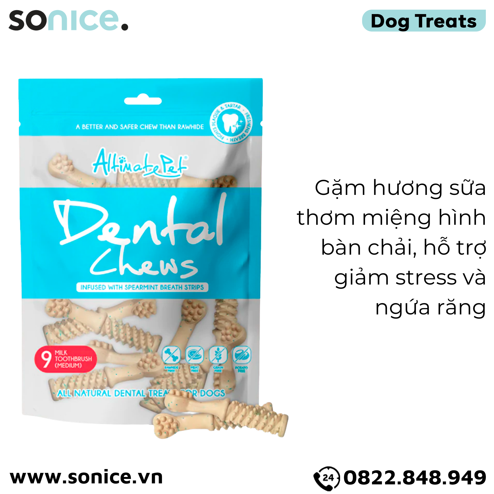  Xương gặm thơm miệng Dental Chews Toothbrush size Medium 150g - 9 milk - Bàn chải vị sữa SONICE. 