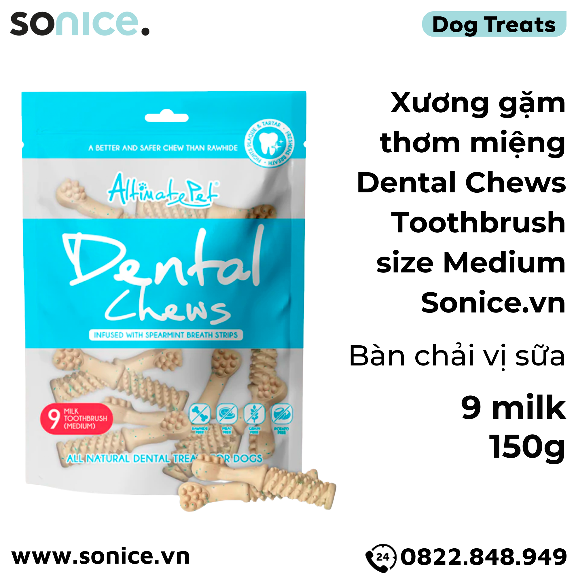  Xương gặm thơm miệng Dental Chews Toothbrush size Medium 150g - 9 milk - Bàn chải vị sữa SONICE. 