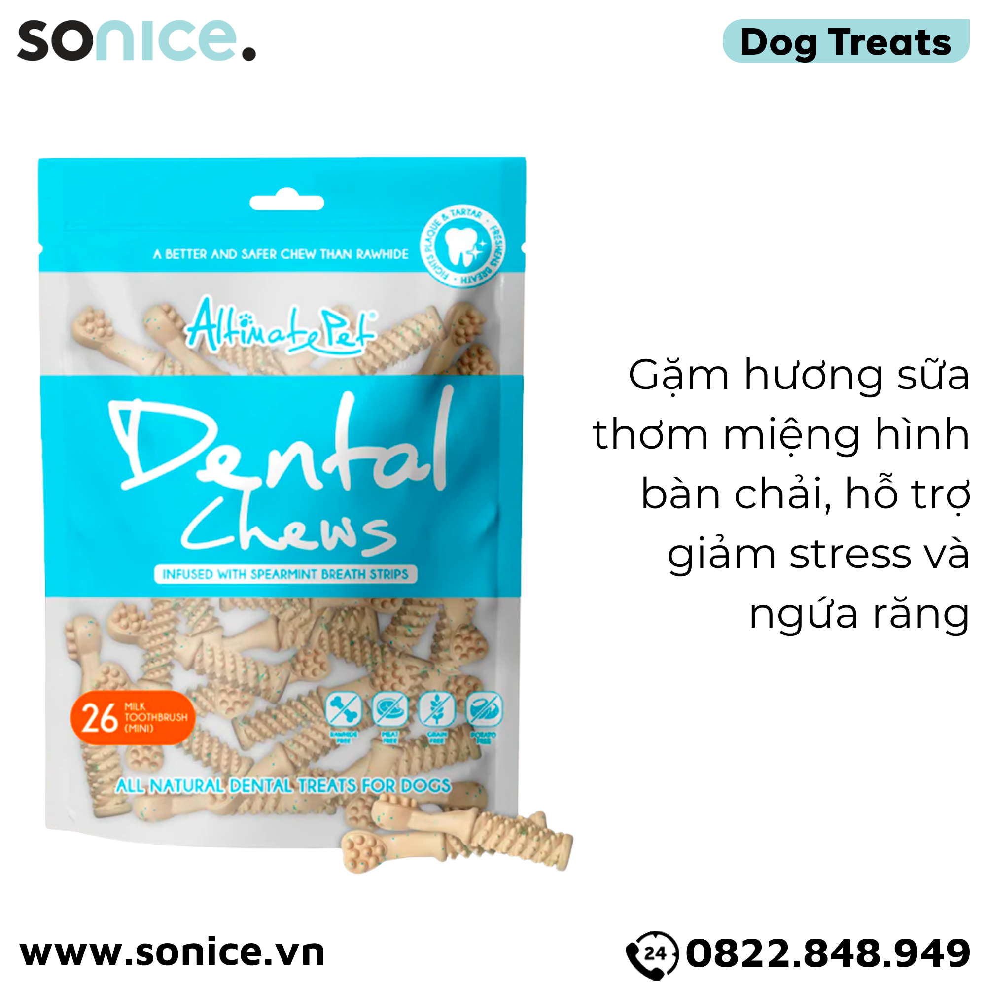  Xương gặm thơm miệng Dental Chews Toothbrush size Mini 150g - 26 milk - Bàn chải vị sữa SONICE. 