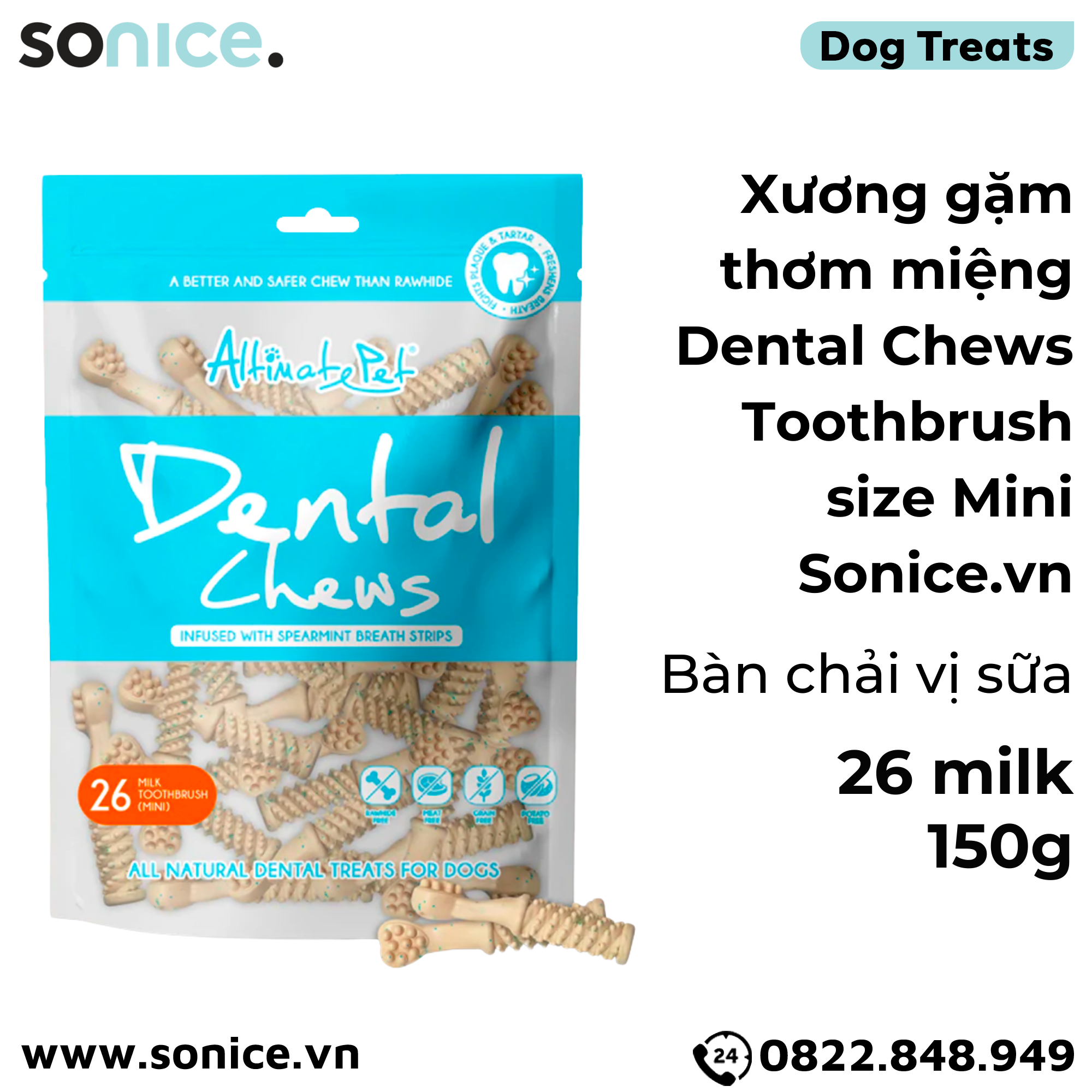  Xương gặm thơm miệng Dental Chews Toothbrush size Mini 150g - 26 milk - Bàn chải vị sữa SONICE. 