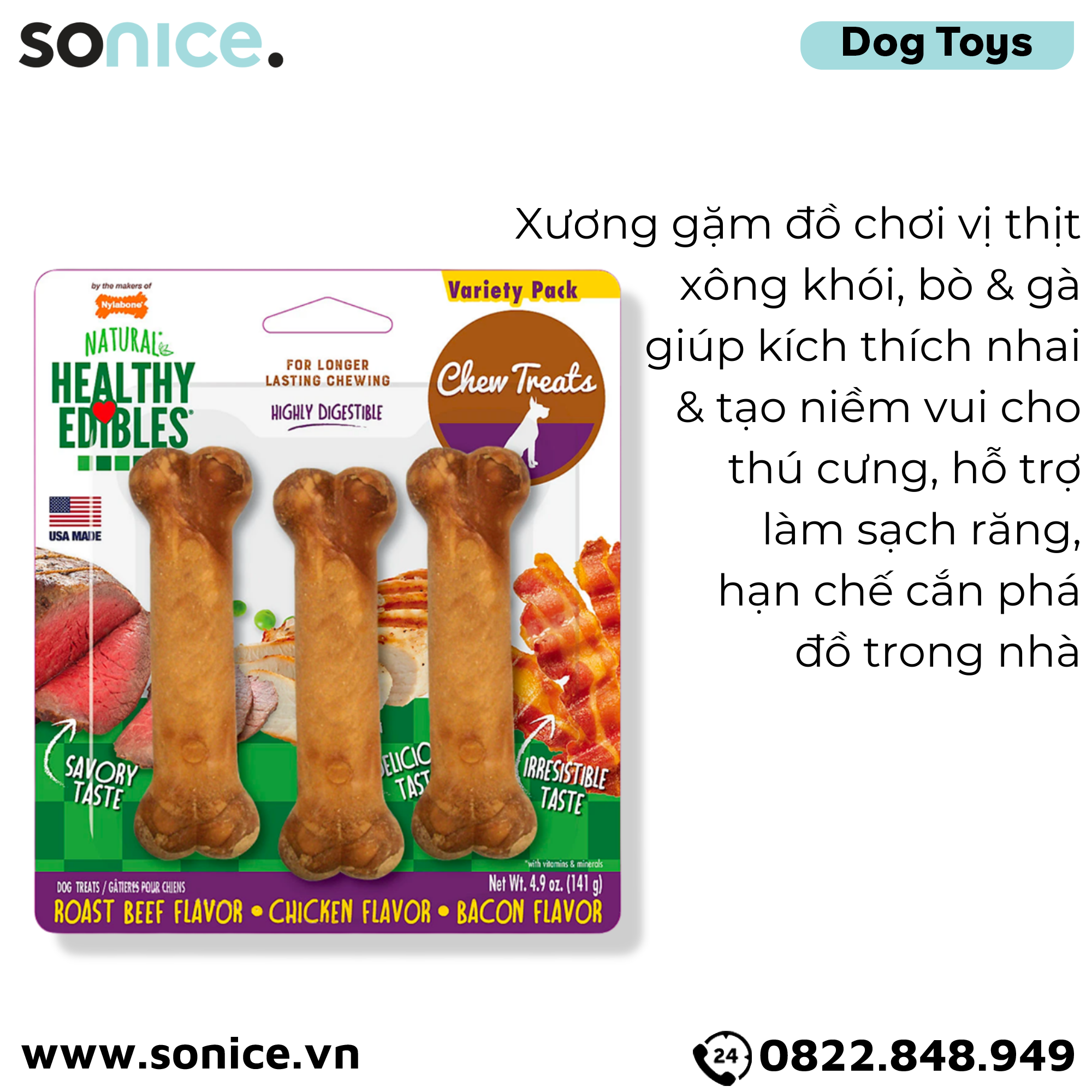  Đồ chơi Nylabone Healthy Edibles Bacon, Roast Beef & Chicken Chew Toys - Thịt xông khói, thịt bò và thịt gà, hỗ trợ răng miệng SONICE. 