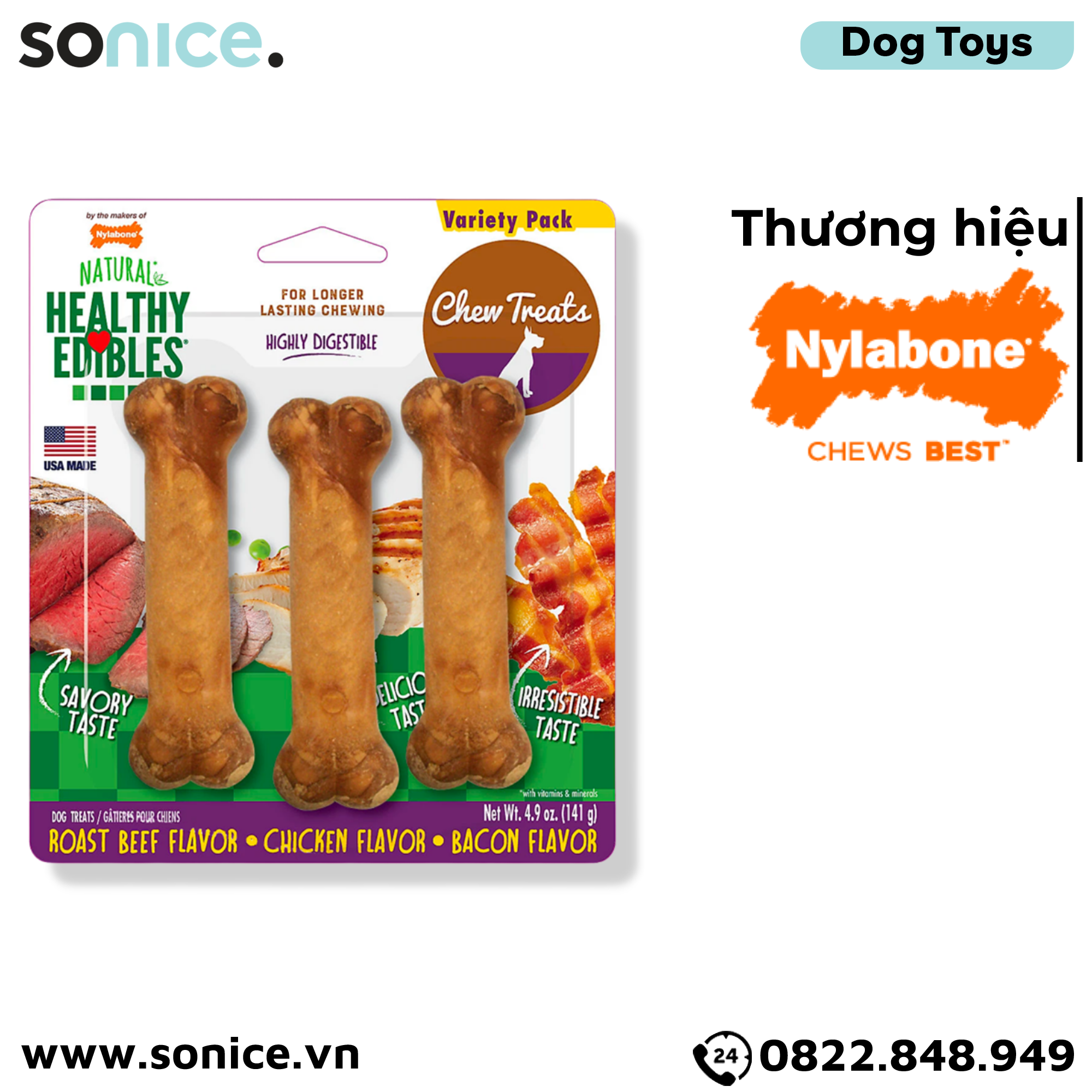  Đồ chơi Nylabone Healthy Edibles Bacon, Roast Beef & Chicken Chew Toys - Thịt xông khói, thịt bò và thịt gà, hỗ trợ răng miệng SONICE. 