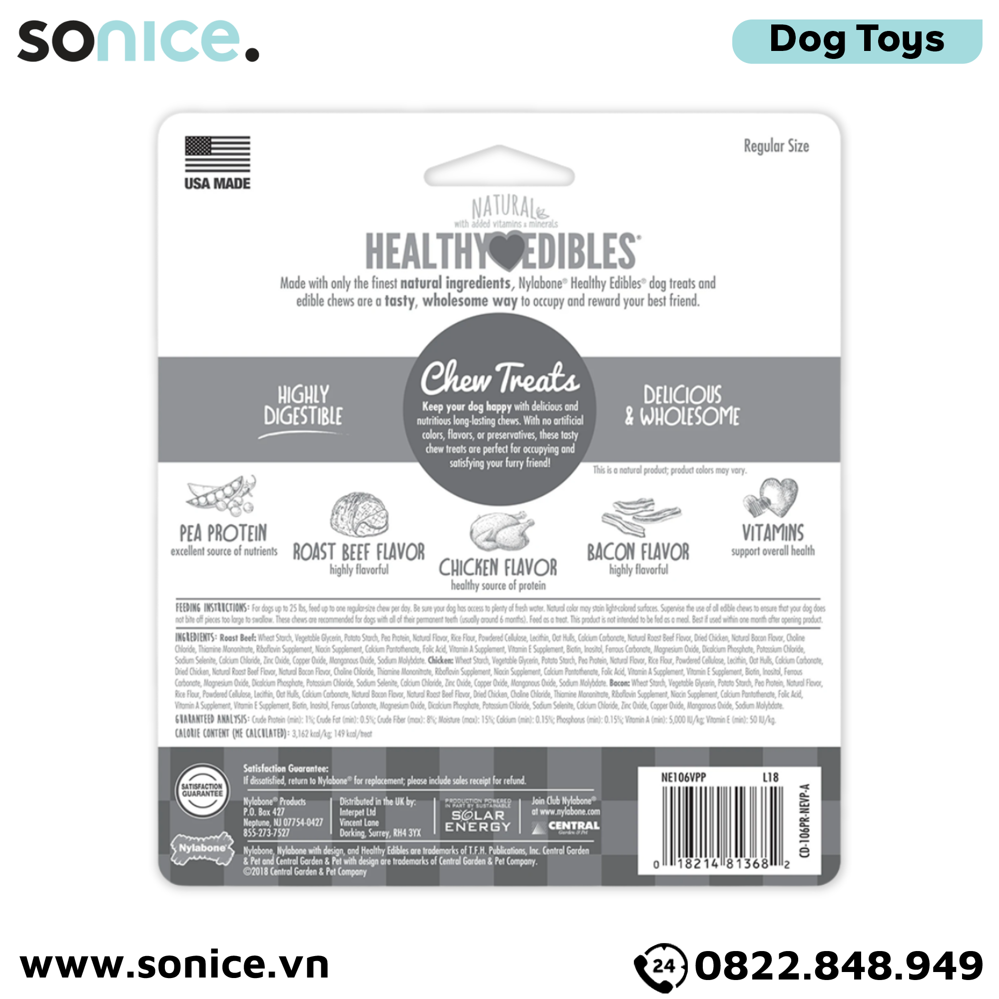  Đồ chơi Nylabone Healthy Edibles Bacon, Roast Beef & Chicken Chew Toys - Thịt xông khói, thịt bò và thịt gà, hỗ trợ răng miệng SONICE. 