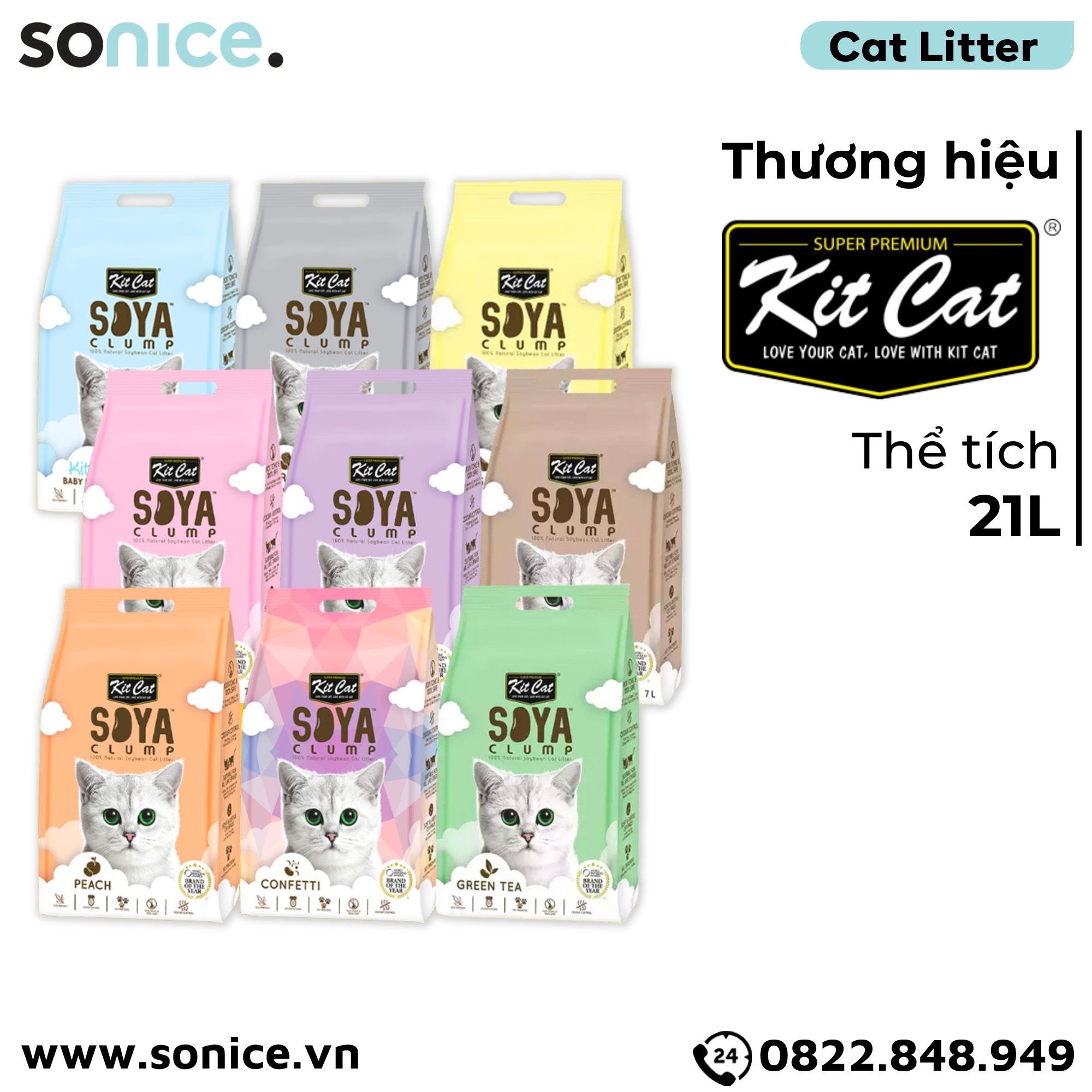  Cát vệ sinh mèo Kit Cat Soya Clump Litter 21L - Làm từ đậu nành tofu SONICE. 