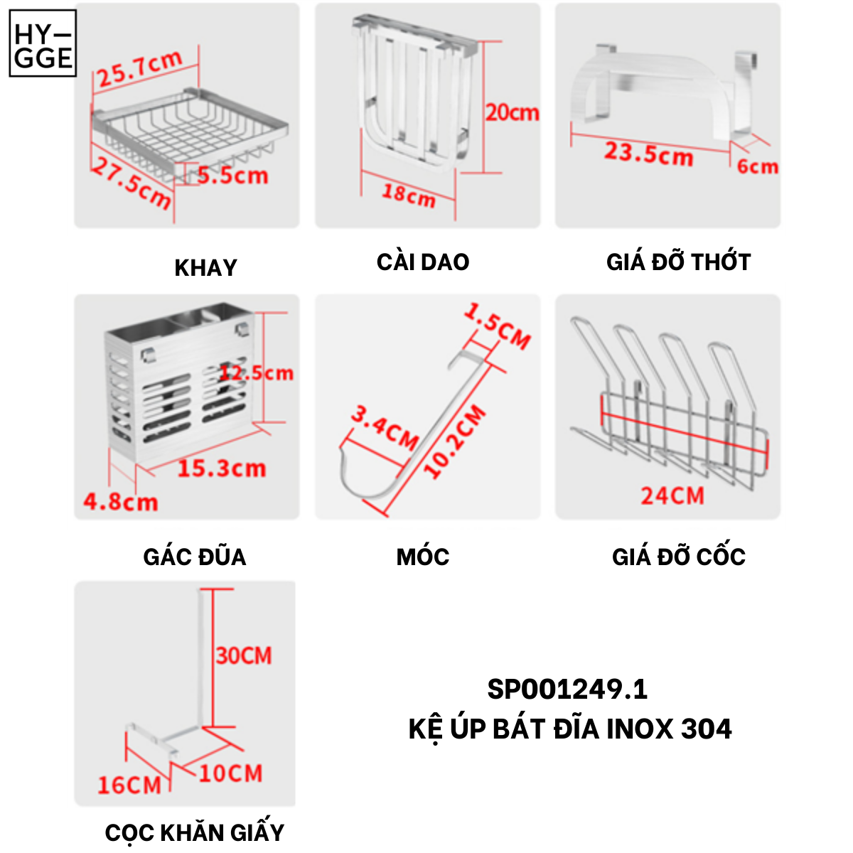  Kệ úp bát đĩa INOX 304 để ngang bồn rửa - KÈM TREO LY CỐC 