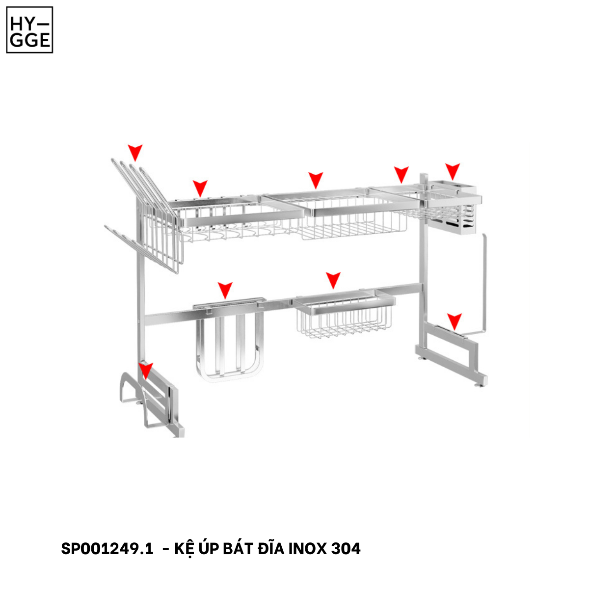  Kệ úp bát đĩa INOX 304 để ngang bồn rửa - KÈM TREO LY CỐC 