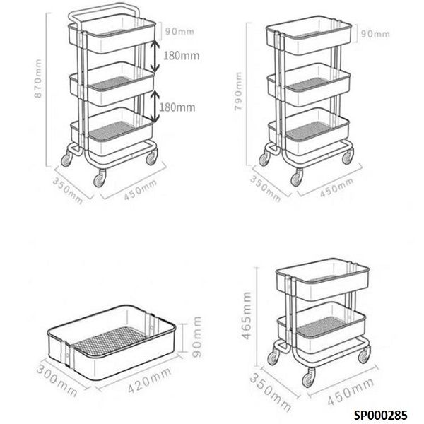  Kệ kim loại 3 tầng có bánh xe, tay vịn 