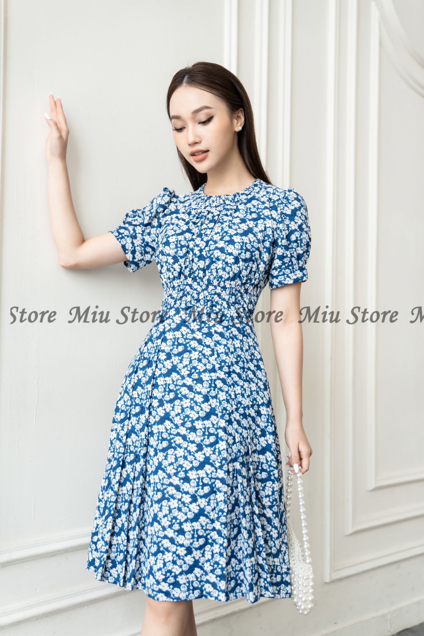 Đầm xòe hoa công sở cổ V viền bèo KK11322  Thời trang công sở KK Fashion