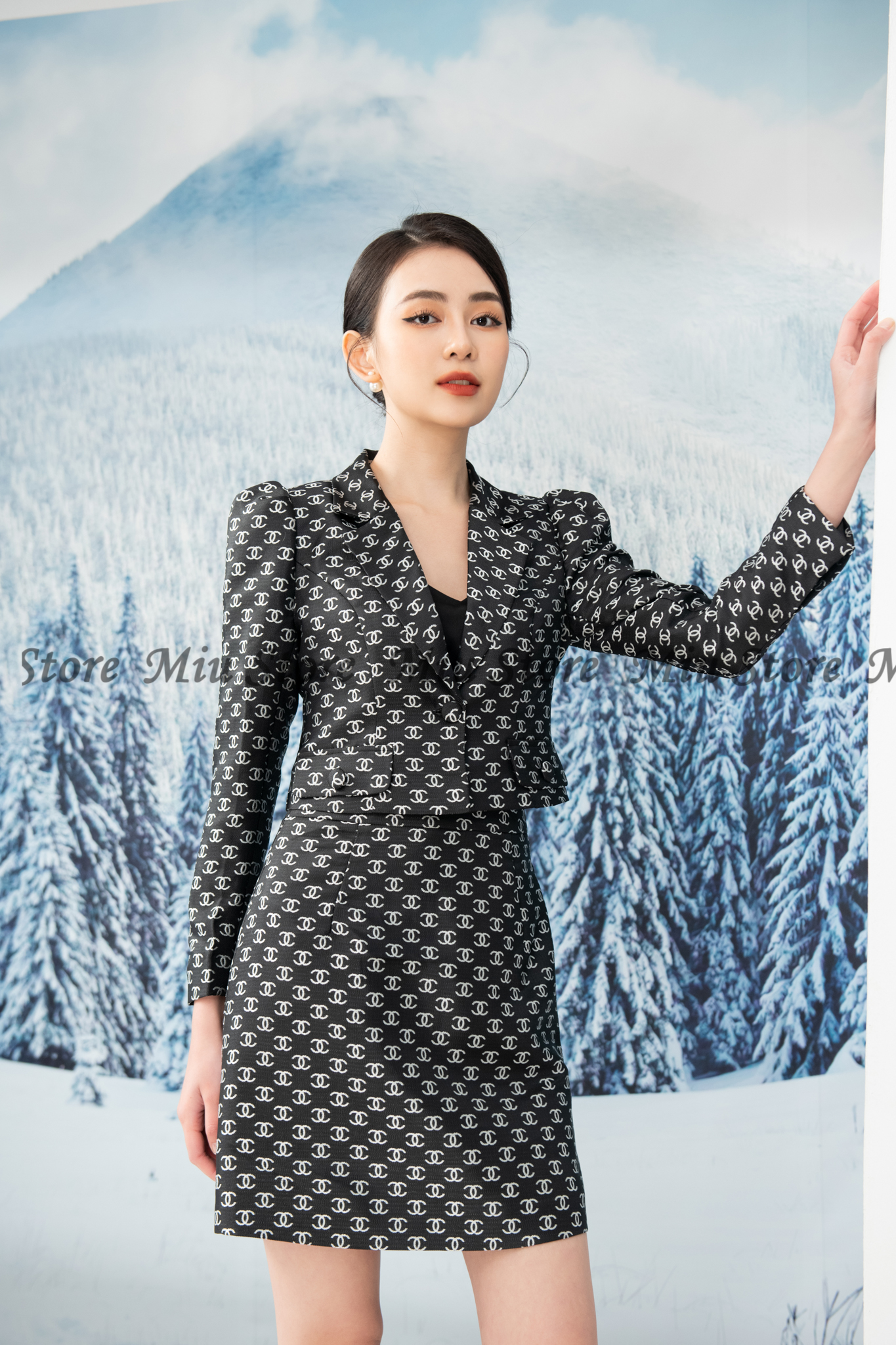 Set vest tay dài phối chân váy xếp ly LE177