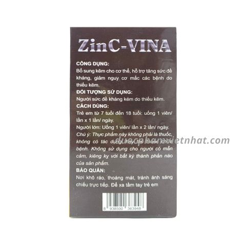 Zin C - Vina Bổ sung kẽm hỗ trợ tăng sức đề kháng 10 vĩ x 10 viên