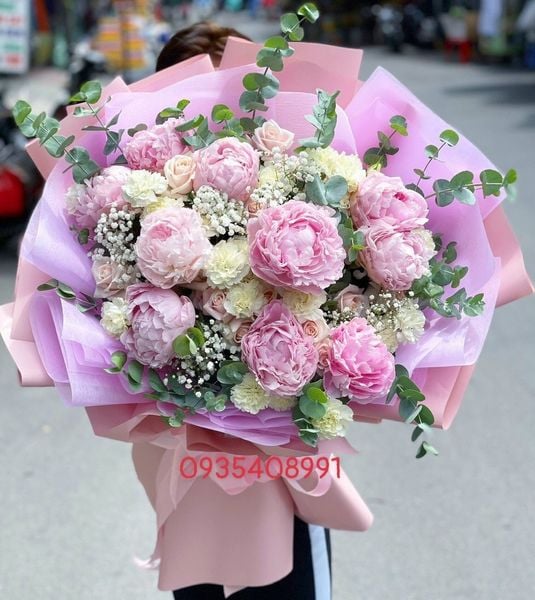 BÓ HOA 10 BÔNG MẪU ĐƠN MIX CẨM CHƯỚNG VÀ HỒNG PASTEL