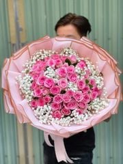BÓ HOA 50 BÔNG HỒNG DÂU TRÒN