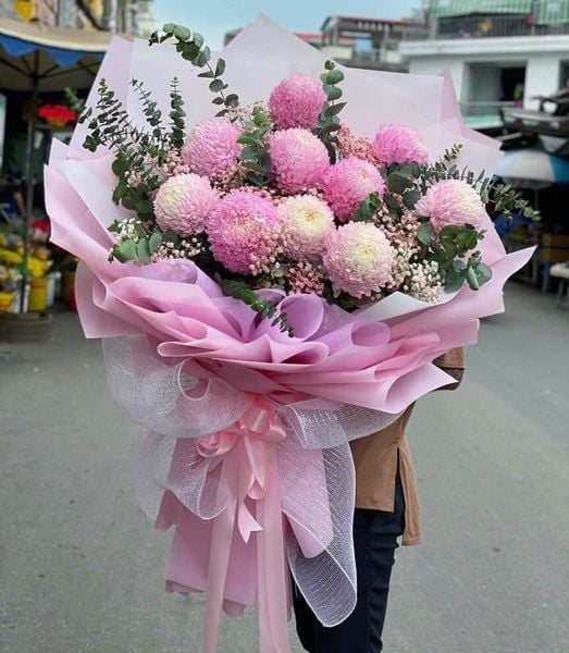BÓ HOA 10 CÚC MẪU ĐƠN HỒNG NHẠT