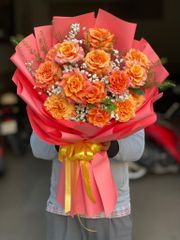 BÓ HOA HỒNG CAM SPIRIT MIX BABY VÀ CỎ ĐỒNG TIỀN