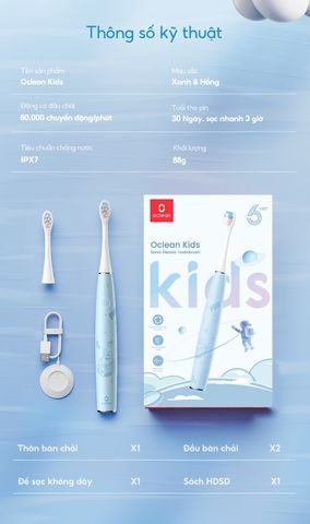 BÀN CHẢI ĐIỆN OCLEAN KIDS, BỘ 2 CÁI