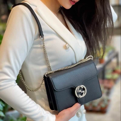  GG Interlocking Leather Chain Crossbody Black 