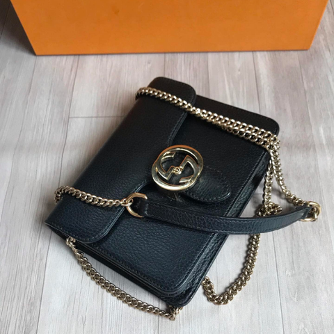  GG Interlocking Leather Chain Crossbody Black 