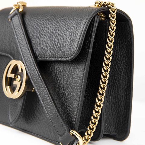  GG Interlocking Leather Chain Crossbody Black 