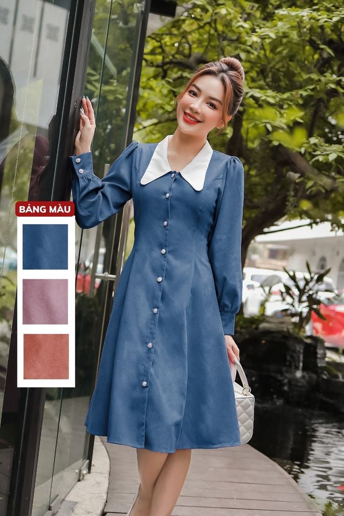  Đầm nữ chất nhung tăm dáng xòe dài tay phối cổ 