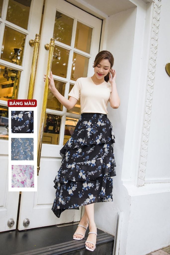  Chân váy chiffon, kiểu dáng 3 tầng bèo chéo nữ tính 