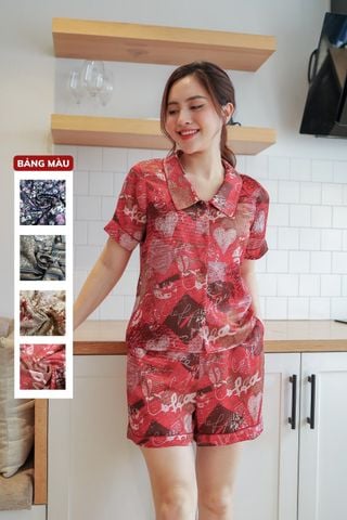 Bộ pijama mặc nhà chất lụa cao cấp, kiểu dáng cổ sen có lé Cardina