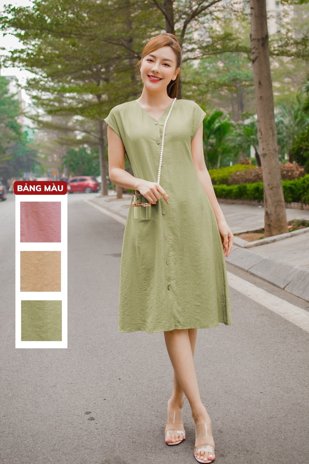Đầm nữ Cardina chất đũi bambo cao cấp tay liền cổ V cài cúc giữa trẻ trung