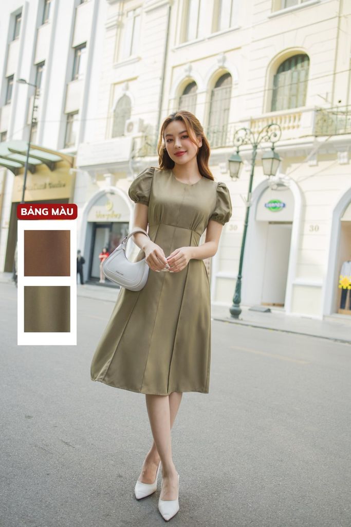  Đầm nữ dáng xòe chữ A bấu ly trang trí 