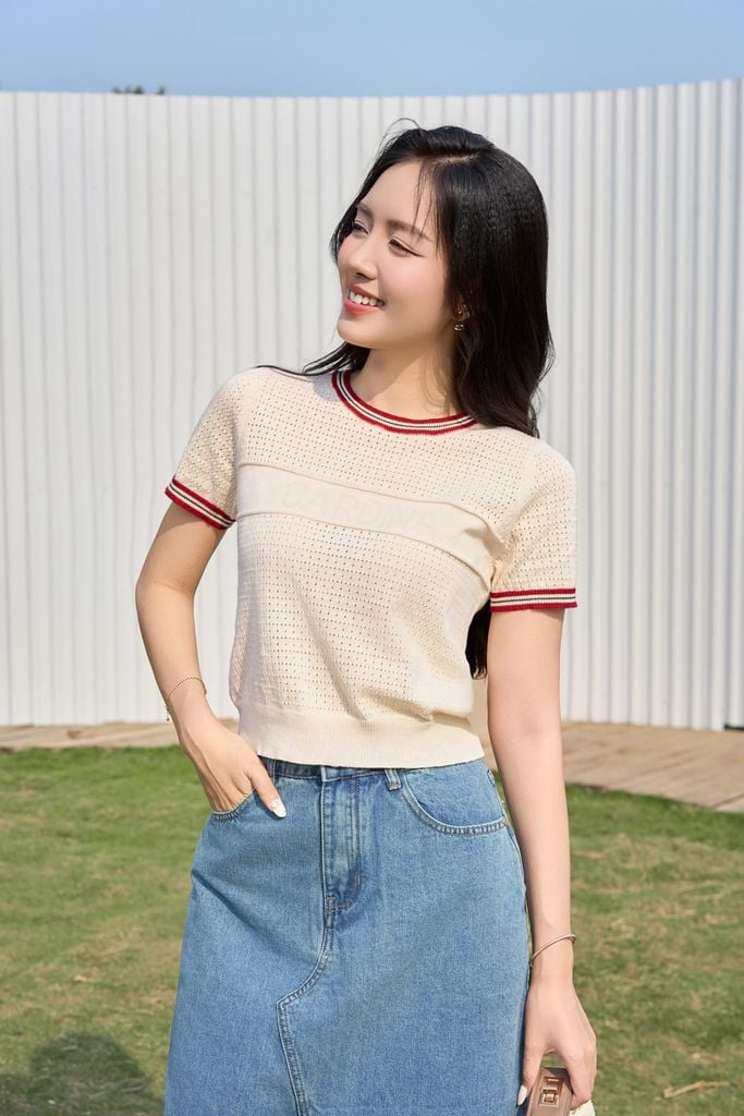  Áo cộc tay nữ vải sợi cotton cổ tròn dệt Cardina bo gấu tay 