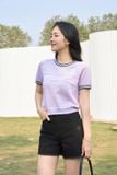  Áo cộc tay nữ vải sợi cotton cổ tròn dệt Cardina bo gấu tay 