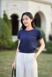  Áo cộc tay nữ vải sợi cotton cổ tròn dệt Cardina bo gấu tay 