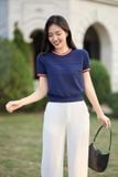  Áo cộc tay nữ vải sợi cotton cổ tròn dệt Cardina bo gấu tay 