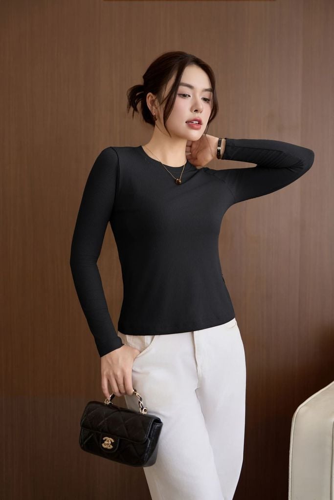  Áo giữ nhiệt nữ thu đông chất len tăm thiết kế dáng cổ tròn dài tay 