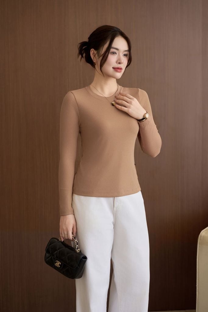  Áo giữ nhiệt nữ thu đông chất len tăm thiết kế dáng cổ tròn dài tay 