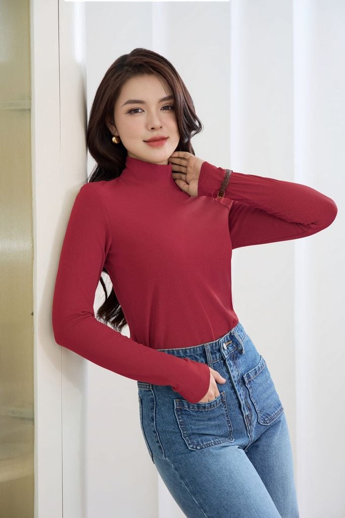  Áo giữ nhiệt nữ dài tay chất liệu len tăm cổ cao 5,5cm 