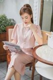 Áo khoác dáng lửng chất Tuýtsi cúc mạ đá xếp vai bồng thanh lịch 