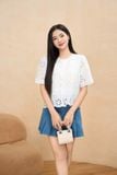  Áo sơ mi nữ Cardina dòng Younger vải thô thêu thiết kế thêu hoa cổ tròn 