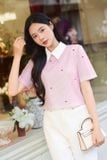  Áo sơ mi croptop phối cổ họa tiết in nơ kẻ có đệm vai tôn dáng 