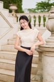  Áo thun nhún lệch cổ vai chờm xếp ly lệch tag kim loại 
