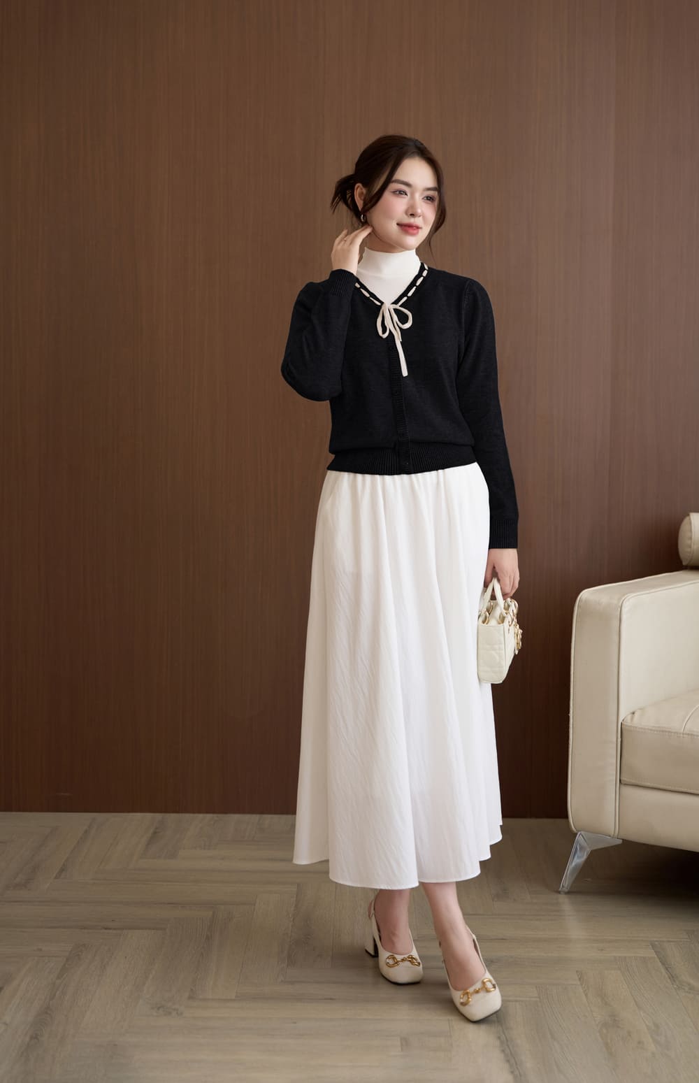 chân váy xòe kết hợp với áo gì