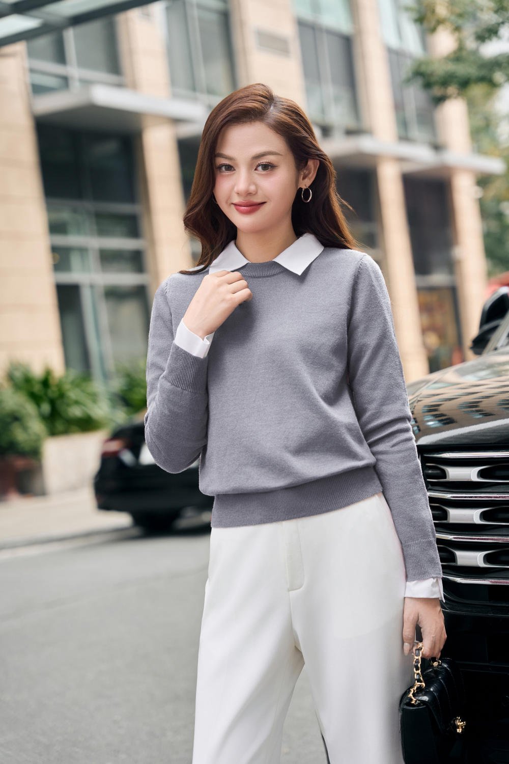 phối áo sơ mi với quần ống rộng
