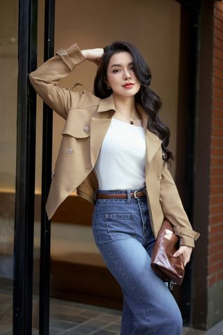 Áo măng tô nữ dáng ngắn chất tuýtsi nhung kèm đai eo