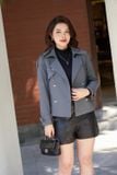  Áo măng tô nữ dáng ngắn chất tuýtsi nhung kèm đai eo 